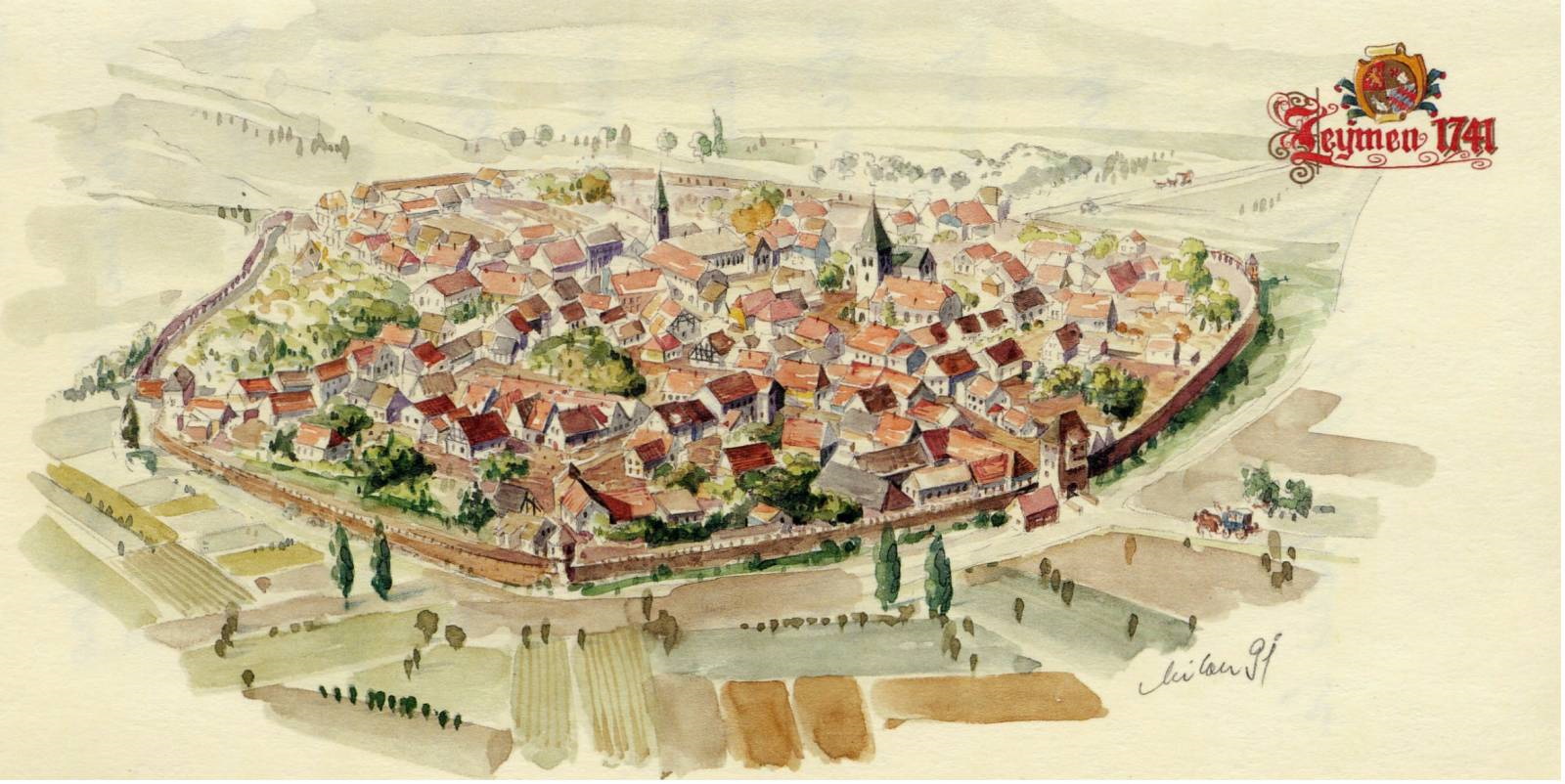  Zeichnung von Leimen (historisch) mit dem möglichen Stadtmauerverlauf 