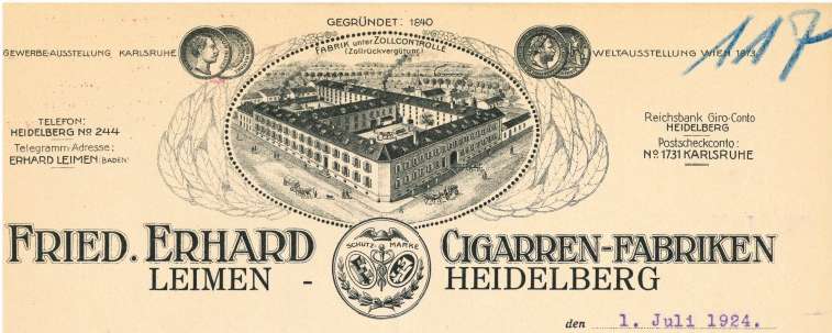  Erhardsche Zigarrenfabrik in einem Stich, vermutlich aus dem Gründungsjahr 1840, zu sehen auf dem Briefkopf des Unternehmens aus dem Jahr 1924 